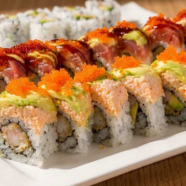 Two rows of sushi rolls: tuna with sauce, and shrimp tempura with avocado and orange roe.