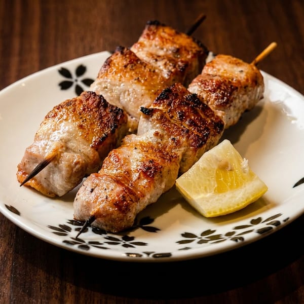 Four golden-brown grilled meat skewers and a lemon wedge on a white patterned plate.