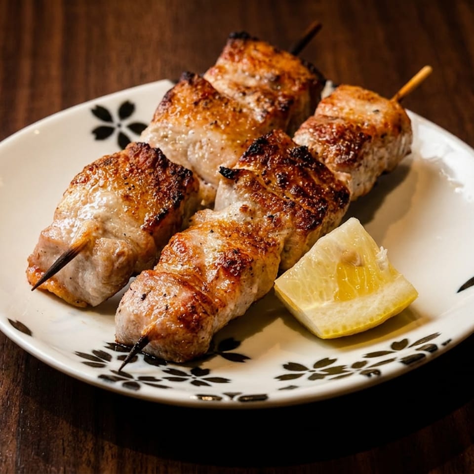 Four grilled meat skewers and a lemon wedge on a white plate with a dark floral pattern.